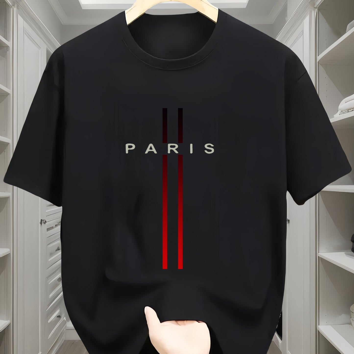 Men's 100% cotton T-shirt featuring Paris flag design, crew neck, short sleeves, and regular fit.