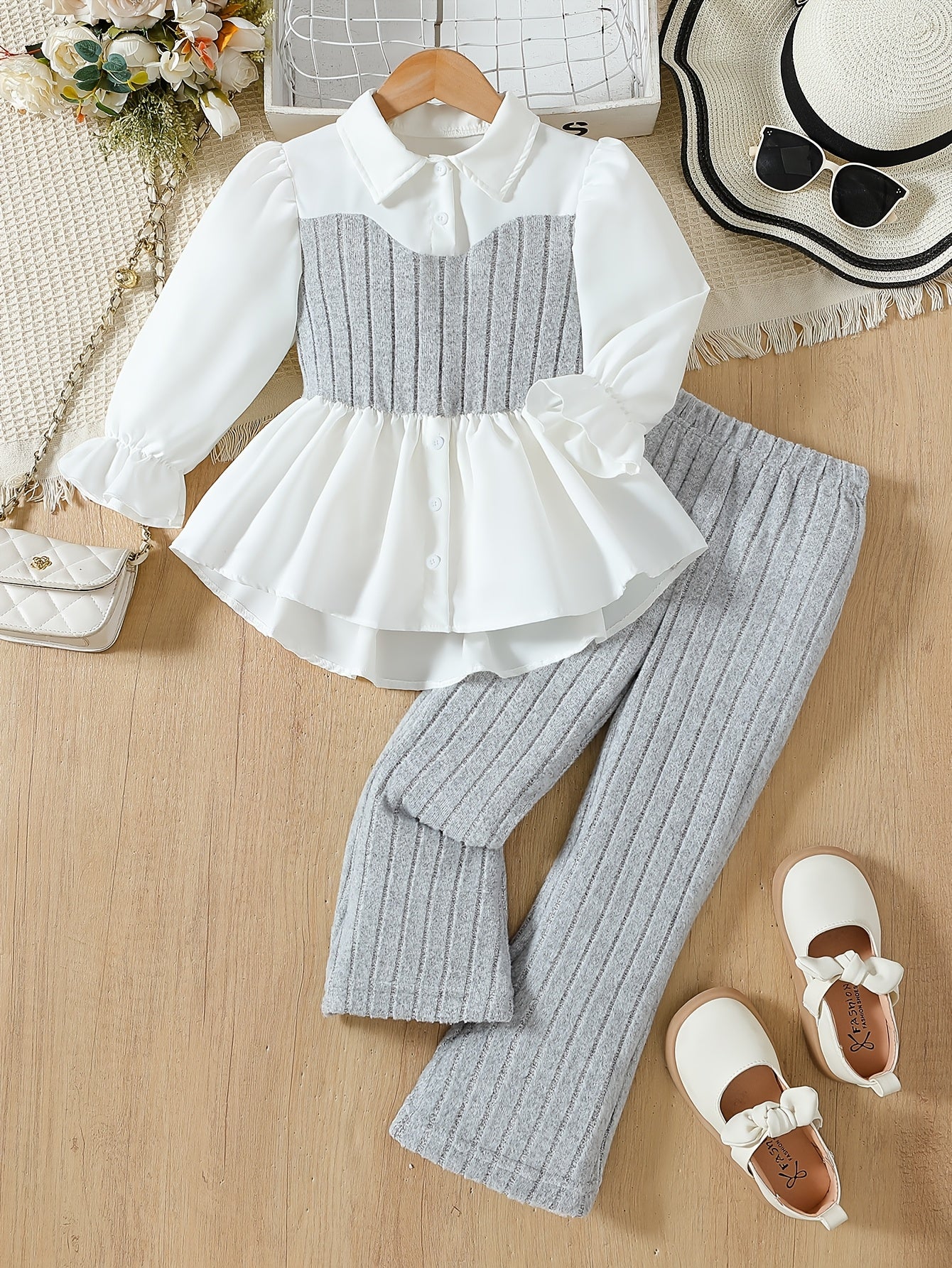 Girls' Autumn two-piece set featuring a long-sleeve collared shirt with puff sleeves and black straight-leg stretchy pants, suitable for any occasion.