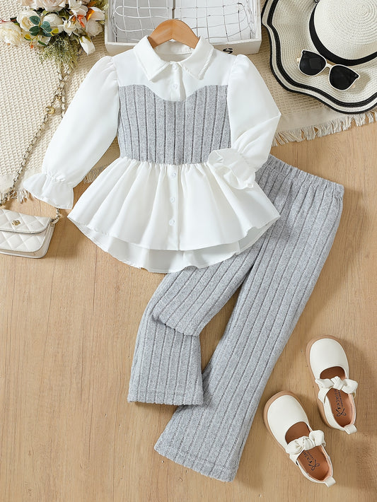 Girls' Autumn two-piece set featuring a long-sleeve collared shirt with puff sleeves and black straight-leg stretchy pants, suitable for any occasion.