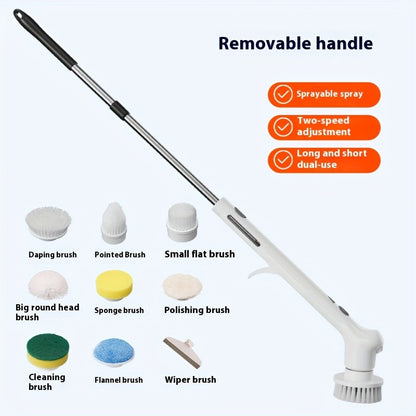 9-in-1 Electric Rotating Cleaning Brush with Spray Function, IP56 Waterproof Wireless Design. Includes 9 Replaceable Brush Heads and Extended Handle. Ideal for Toilets, Bathrooms, Bathtubs, Tiles, Floors, Wooden Floors, and Cars.