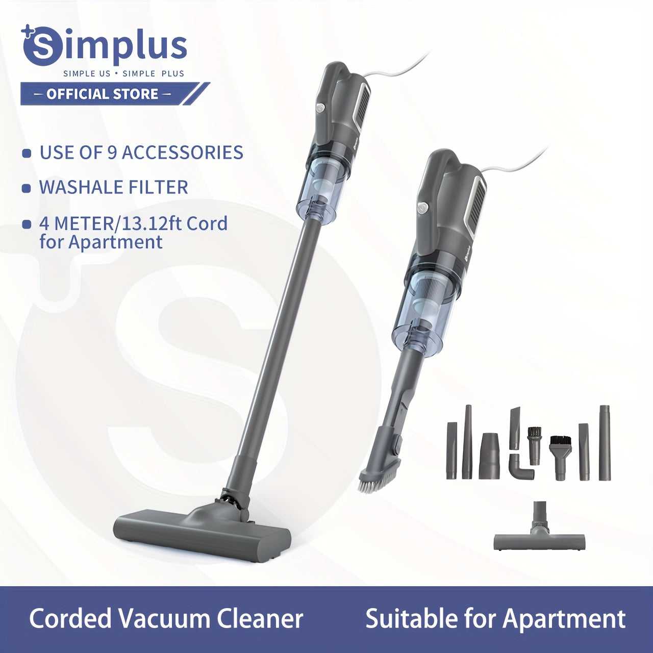 Simplus Corded Vacuum Cleaner with 9 accessories, 4m cord, 14000PA power, 400W, 82dB noise, 14KPa suction, ≥0.4L dust cup, European standard plug, battery-free, ideal for apartments.