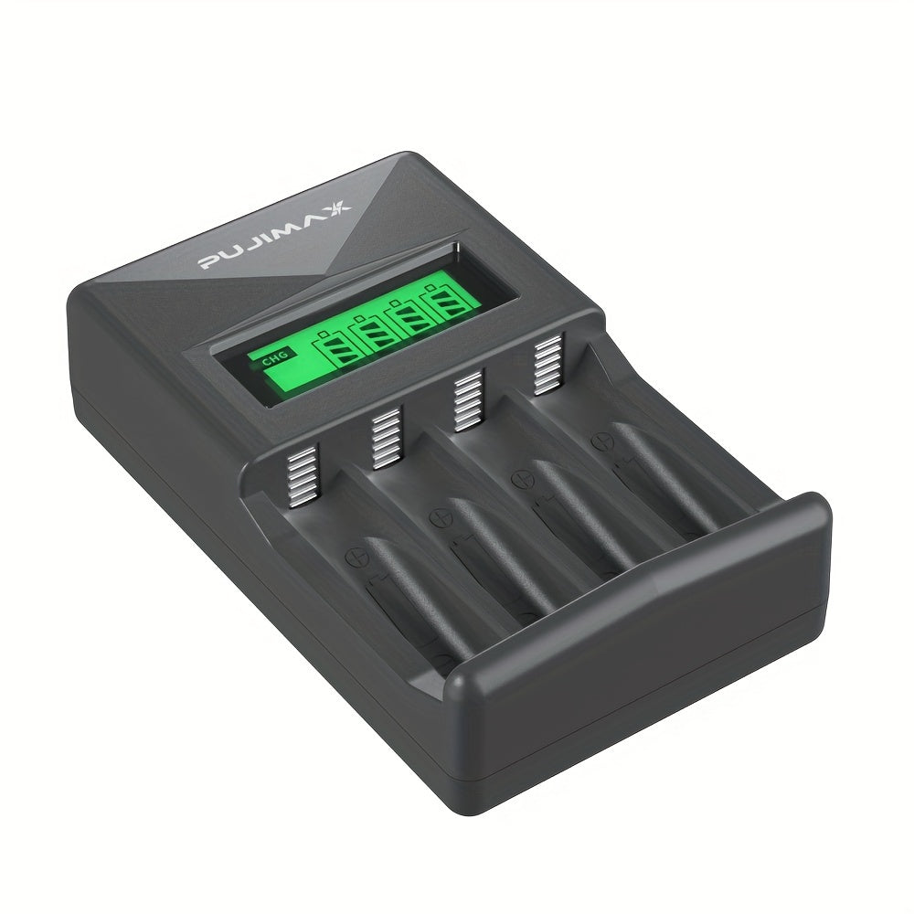 PUJIMAX 4-slot LCD smart charger for AA/AAA Ni-MH/Ni-CD rechargeable batteries with USB power mode, operating voltage ≤36V, battery not included.