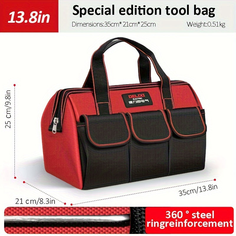 Heavy duty multi-pocket tool storage bag for wide mouth tools, featuring multiple layers for easy tool organization (33.02cm x 35.56cm x 40.64cm)