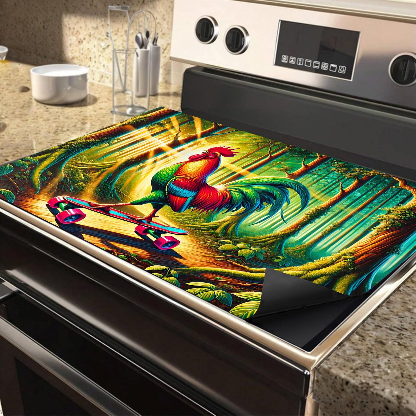 Protect your appliances with the 1pc Spring Rooster Skateboard Design Anti-Slip Waterproof Stove Cover. This heat-resistant cover provides scratch protection for electric stoves, washing machines, dryers, and ironing mats. Easy to clean and no battery