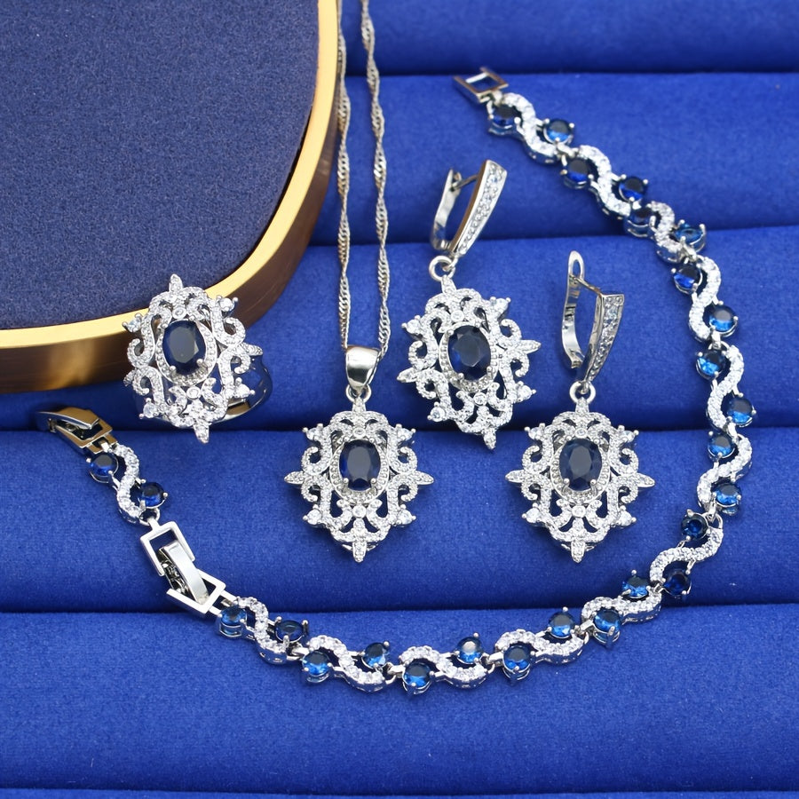 Stylish Women's Jewelry Set - Classic Necklace, Ring, Earrings & Bracelet with White Gold Plating - Ideal Present for Mom, Wife, Sister, or Best Friend for Birthdays & Anniversaries