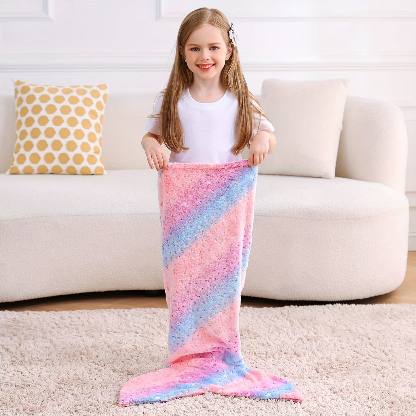 Soft flannel wearable plush mermaid tail blanket that glows in the dark, suitable for girls, teens, and adults. Ideal for all seasons, birthday gifts, nursery decor, unicorn sleeping bag, and kindergarten decor.