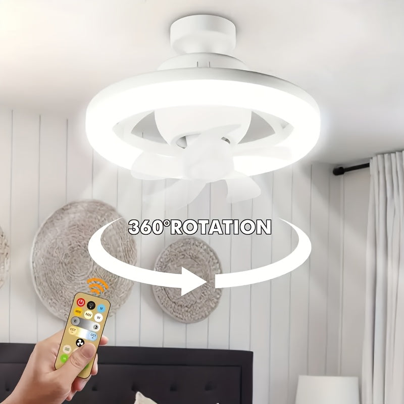 LED rotating fan light with adjustable color, wind speed, and timing function, controlled by remote. Ideal for bedrooms, study rooms, and offices.