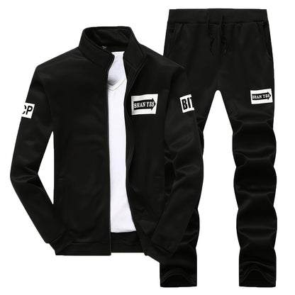 Men's Casual Fleece Zip-Up Jacket and Pants Set with "SPORT" Lettering in Black Polyester for Spring/Fall. Features Pockets, Comfortable and Durable.