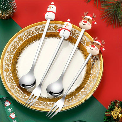 Set of 6 cute doll Christmas spoons, ideal as a Christmas gift. Includes spoons, forks, and coffee spoons featuring Christmas tree designs.