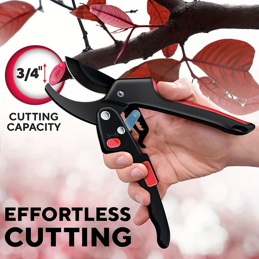 20.32cm heavy-duty ratchet pruning shears with ultra-sharp blade and ergonomic non-slip grip for effortless cutting of thick branches.