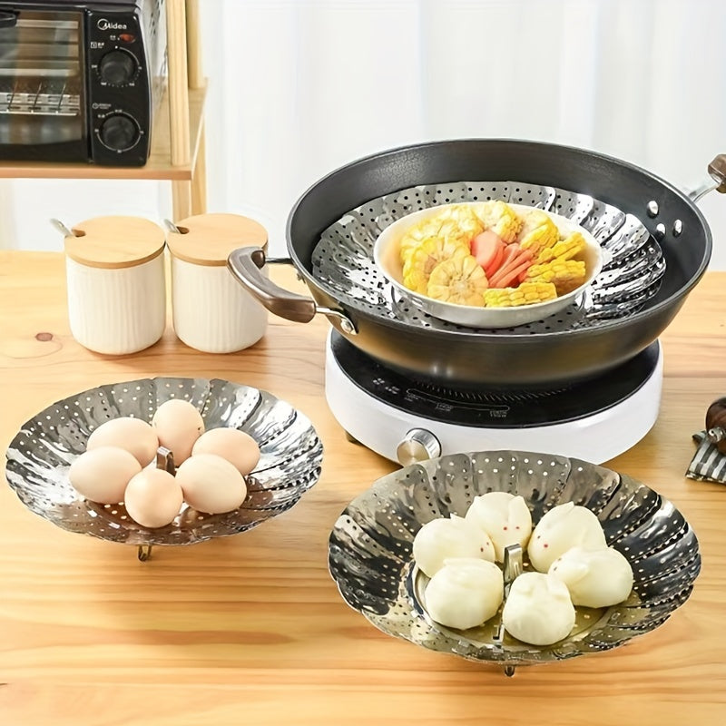 Multi-functional stainless steel steamer rack that can be expanded or folded for convenient storage, great for steaming a variety of foods such as buns, eggs, and fruits. A must-have kitchen gadget for use at home, in dorms, or during holidays.