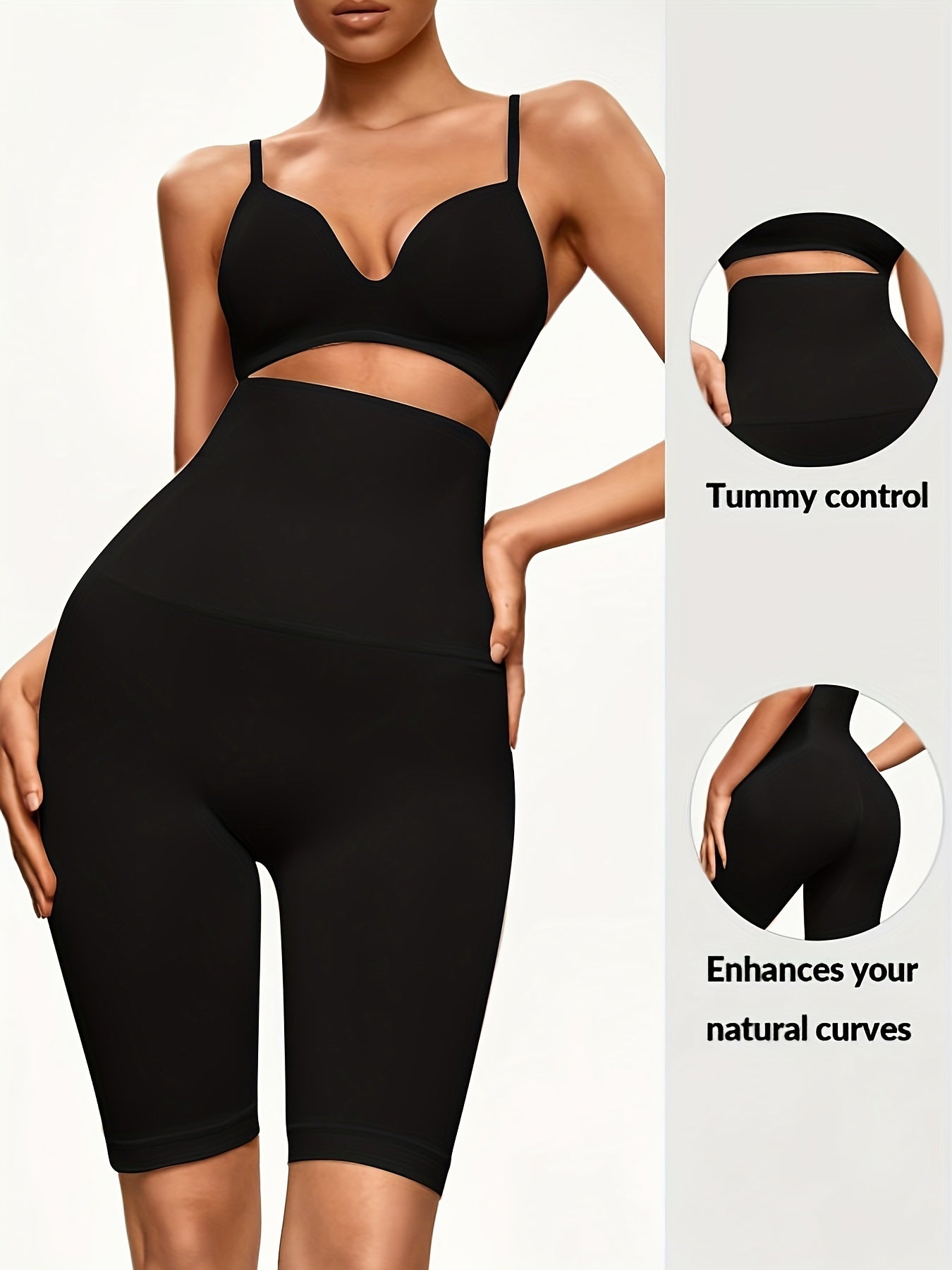 High waist, tummy control shapewear shorts for women in solid color, hand wash only.