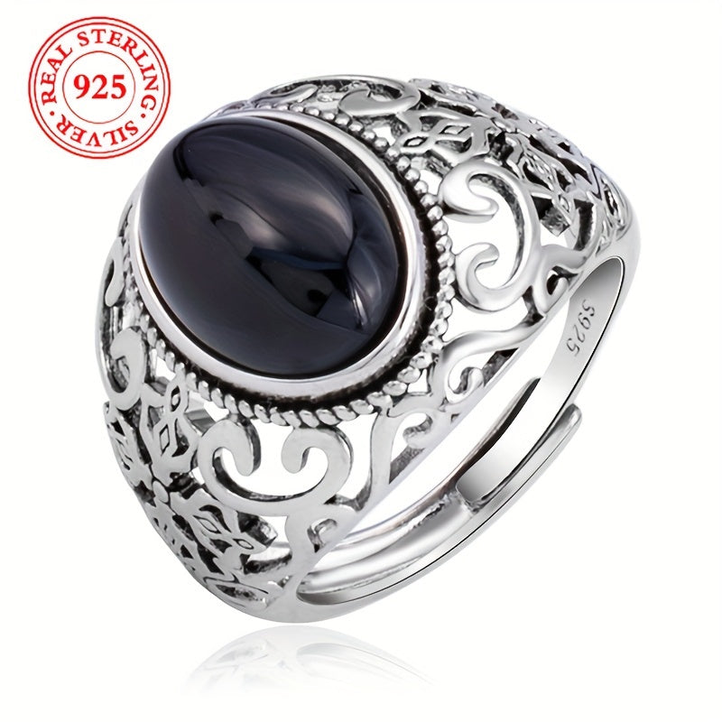 925 Sterling Silver Vintage Punk Style Ring with Adjustable Imitation Jade and Agate Stone, Ideal for Casual Wear or as a Gift