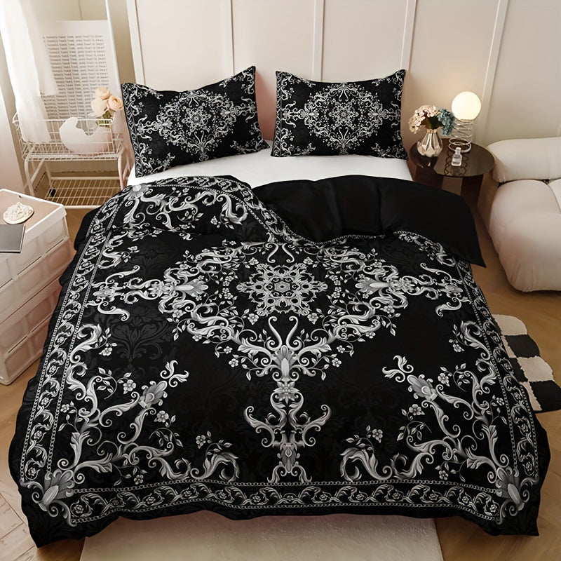 3-piece duvet cover set with pillowcases, breathable polyester, digital print black and white damask pattern, machine washable, no duvet insert, 90g fabric weight