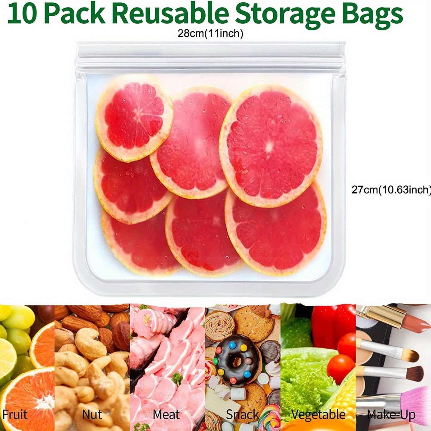 Dishwasher Safe Reusable Freezer Bags - Set of 10, BPA-free and Extra Thickened. Leakproof Silicone and Plastic Free Storage Bags for Meats, Cereal, Sandwiches, Snacks, and Organizing Your Kitchen. Includes Kitchen Accessories for Easy Storage.