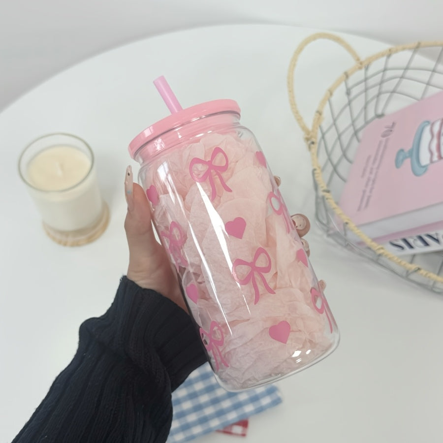 16oz Pink Bowknot Travel Mug with Straw & Lid - Perfect Gift for Valentine's Day and Mother's Day, BPA-Free Plastic