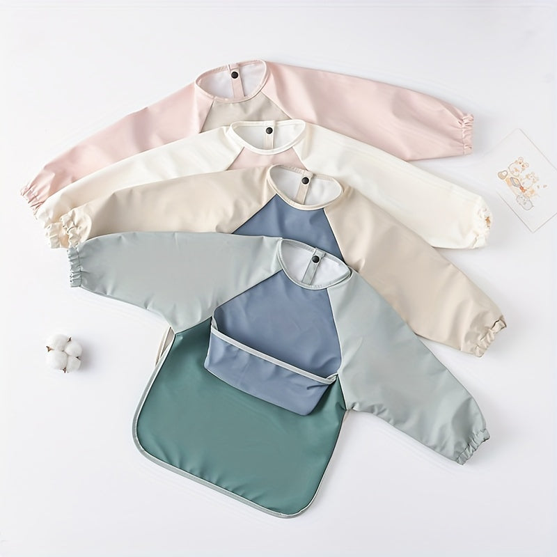 Long-sleeved reverse dressing bib for eating, with a super soft waterproof pocket for feeding.