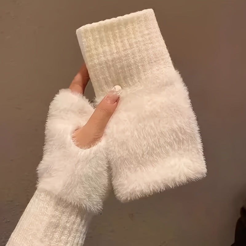 Acrylic Plush Fingerless Mittens for Women - Stay Warm and Stylish with this Cute and Cozy Pair, Perfect for Office, Study, or Casual Weekends. Features Knitted Elastic Wrist for a Comfortable Fit. Hand Washable and Ski-Ready for Your Winter Adventures.