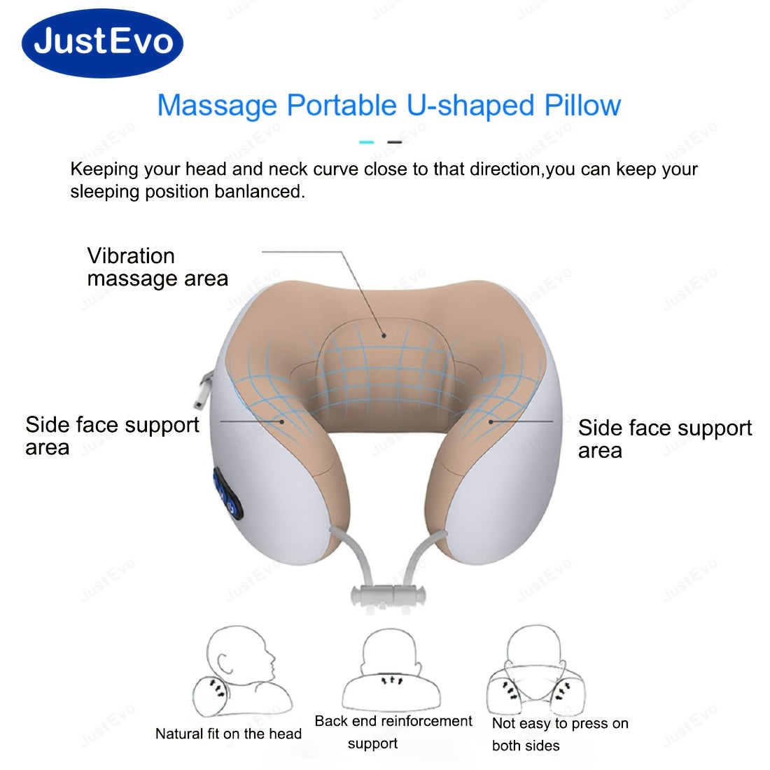 Массажер для шеи JUSTEVO в форме буквы U с USB-зарядкой, гипоаллергенная и портативная модель с перезаряжаемой литиевой батареей.