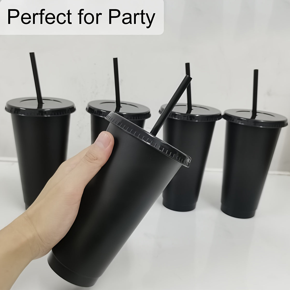 10 piece set of leak-proof 24oz reusable plastic tumblers with lids and straws. Ideal for various occasions like baseball games, parties, and holidays. Free of PVC. Great for Christmas, Halloween, Graduation, Juneteenth, and Labor Day.