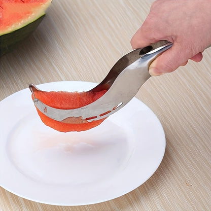 Stainless steel fruit slicer for cutting watermelon and cantaloupe quickly and easily.