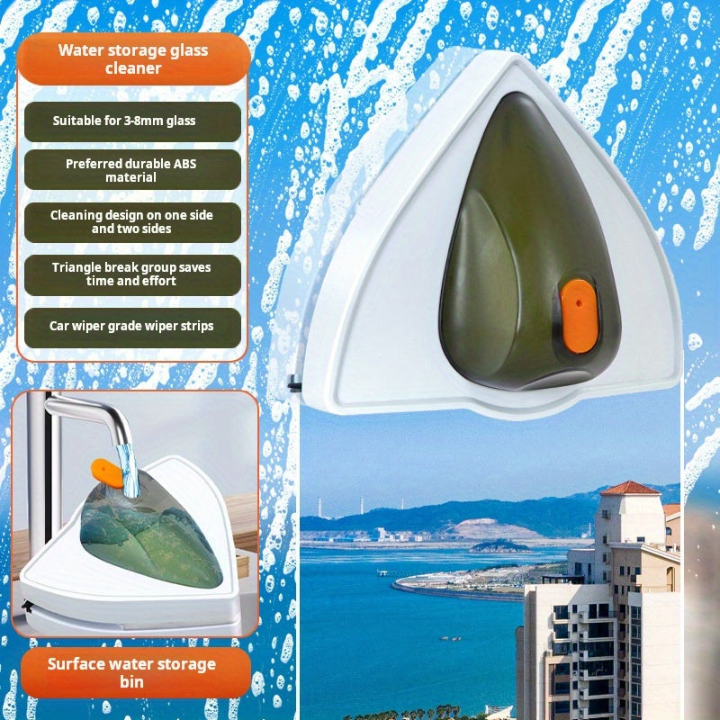 Magnetic window cleaner with water storage, plastic squeegee, and dust collection for glass surfaces in various rooms and vehicles, including high-rise buildings.