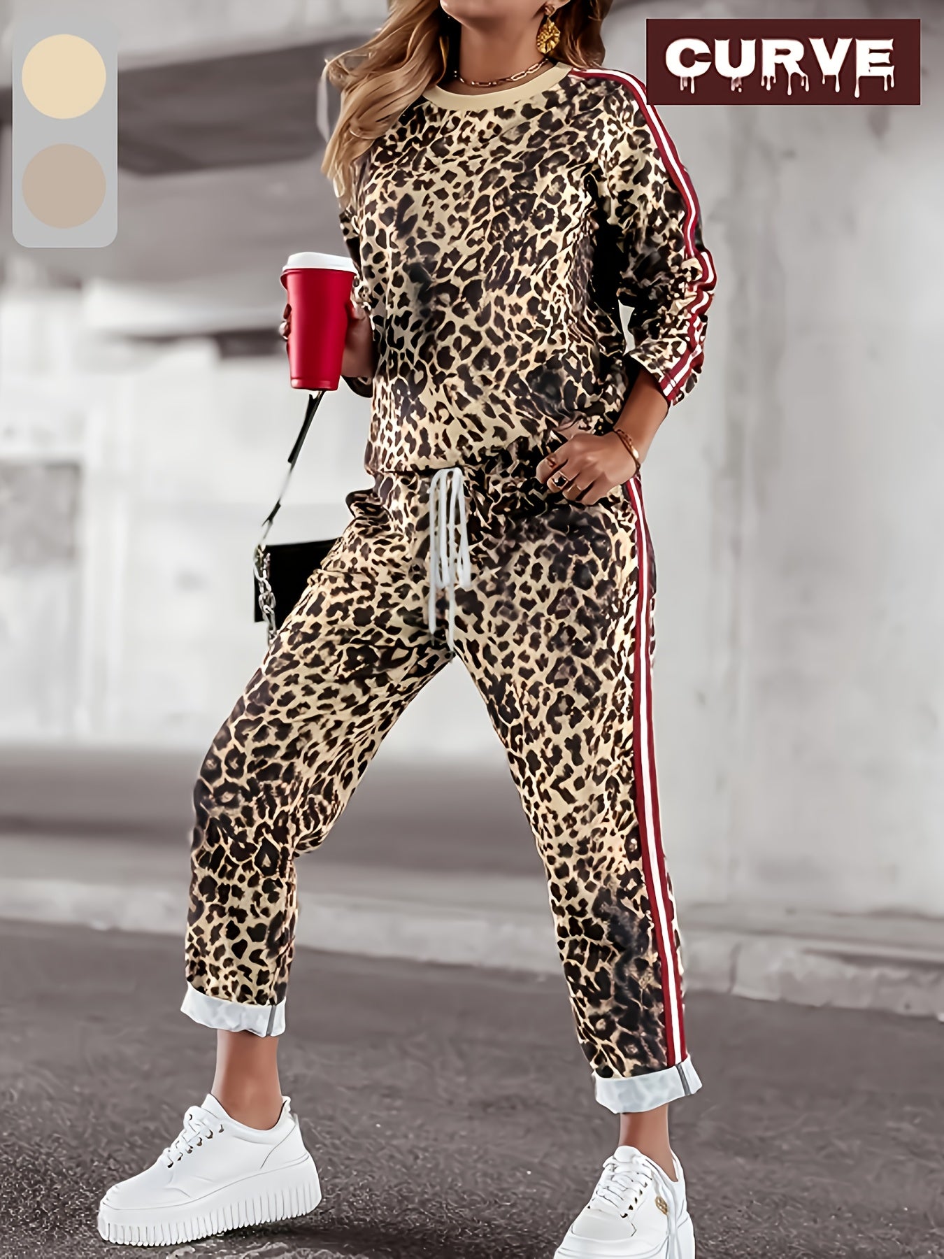 Plus size leopard print two-piece set with soft knit top and pants, drawstring waist, casual style, stretchy fabric.