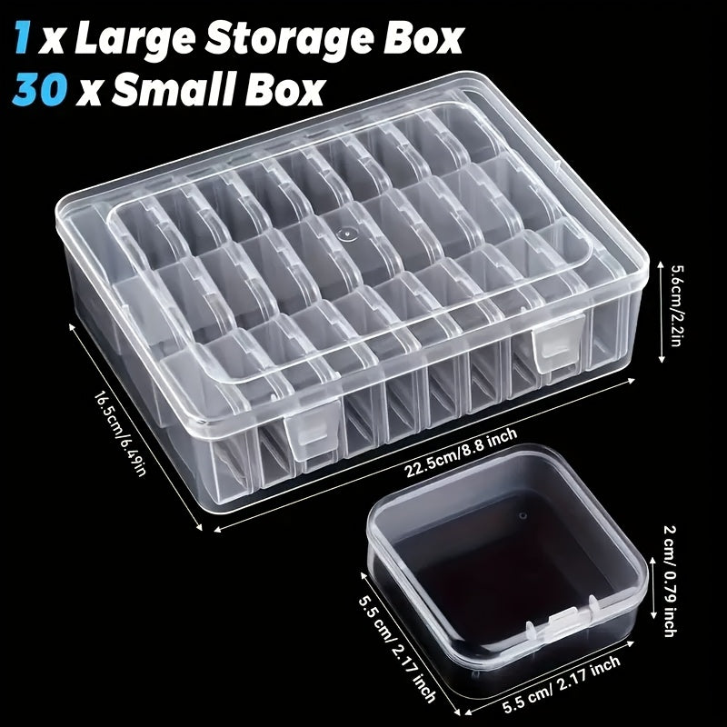 Spacious jewelry box with 30 compartments, clear plastic storage for pearls and small items.