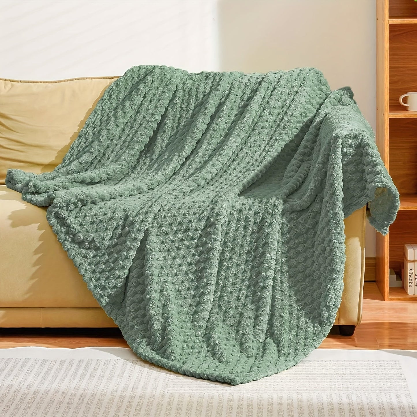 Soft and Lightweight Sage Green Fleece Throw Blanket - 300gsm, Cozy with Stylish 3D Clouds Jacquard Design Perfect for All Seasons