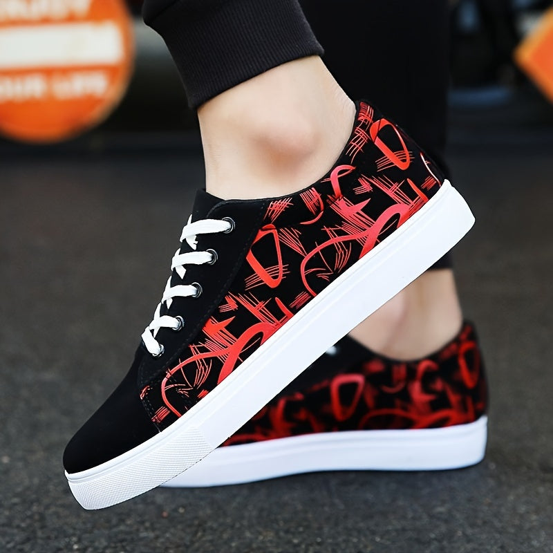 Men's Classic Canvas Skateboard Shoes: Breathable, Non-Slip, Durable Lace-Up Sneakers for Casual Wear, Running. Features Cartoon Pattern, PVC Sole, Fabric Insole. Suitable for All Seasons.