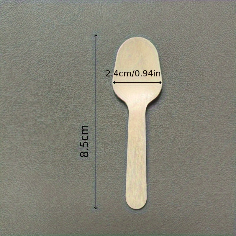 50 pieces of 8.51cm Elegant Disposable Wooden Tasting Spoons made from Birch, completely Biodegradable. Perfect for sampling yogurt, serving ice cream, desserts, or bath salts. Great for graduation season, picnics, parties, camping, festivals, birthdays