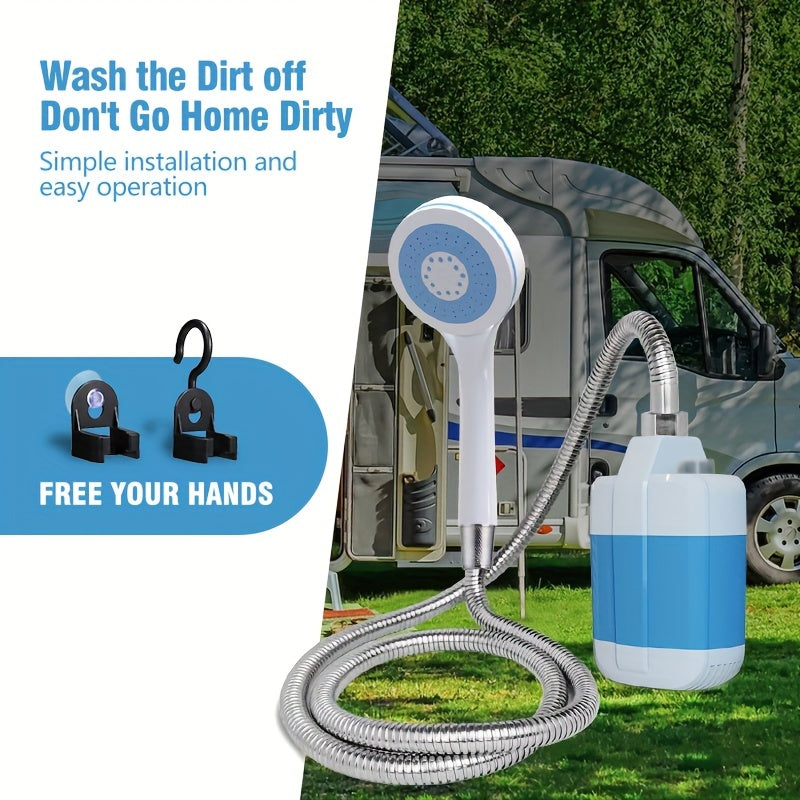 Portable camping shower with USB rechargeable battery, ABS material, ideal for outdoor activities.