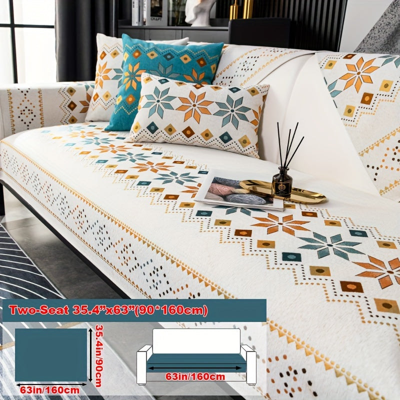 Bohemian four seasons chenille sofa cover with geometric embroidered pattern, offers sofa protection and non-slip feature for home decoration in bedroom, office, and living room.