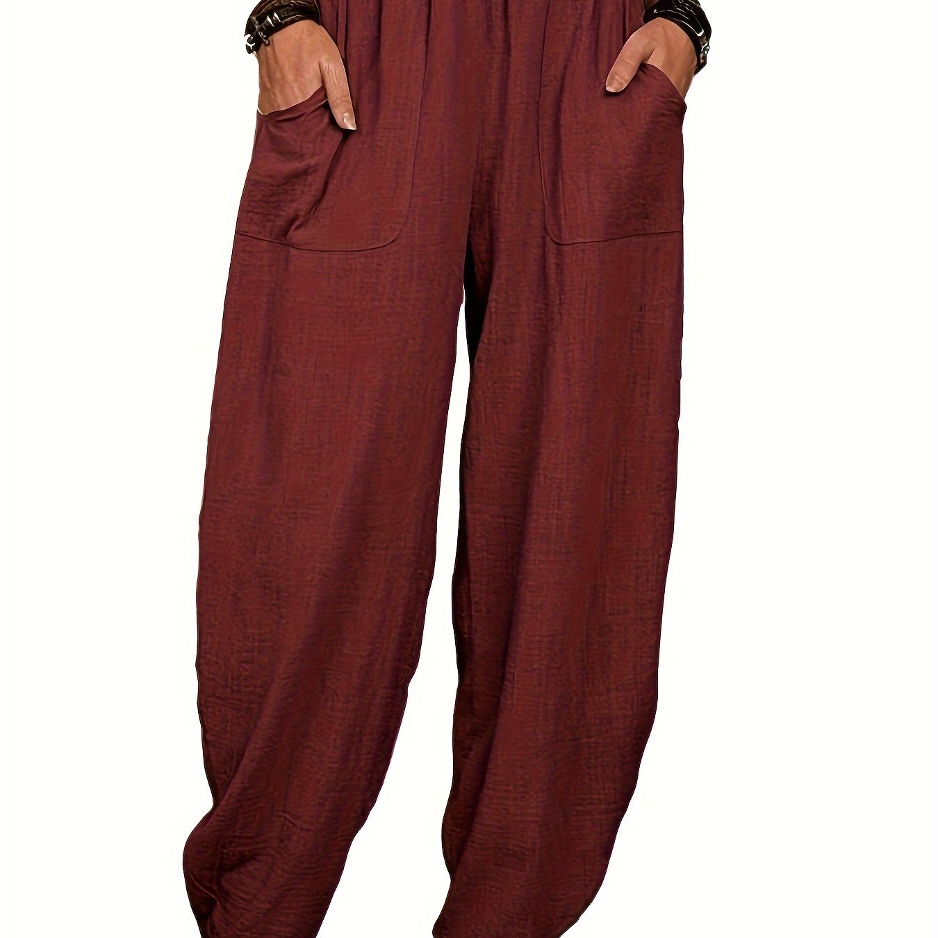 Polyester harem pants with elastic waist, pockets, and machine washable. Suitable for all seasons and plus size.