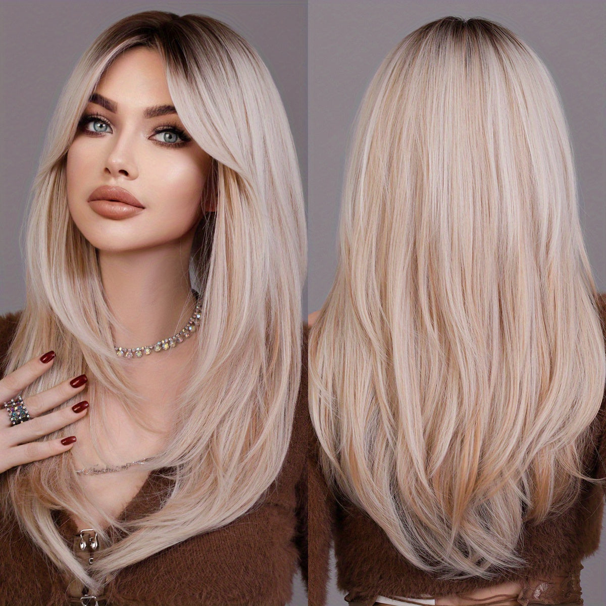 Long wavy honey blonde wig for women with heat resistance and bangs, made from natural synthetic brown fibers in a layered style.