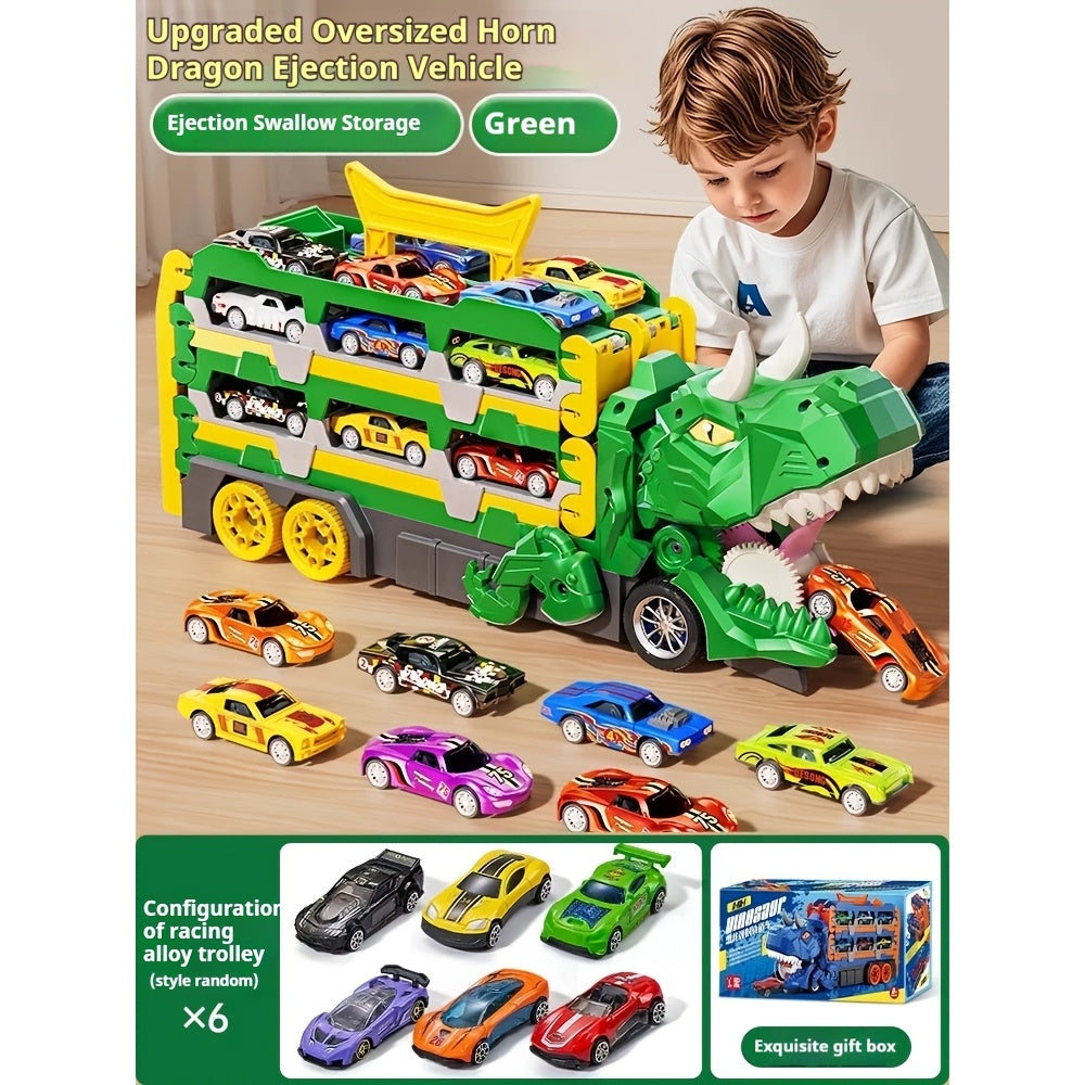 3-in-1 Dinosaur Transformer Truck Playset with 6 Mini Cars - Foldable, Slide Mechanism, 142.24cm Dual Track Racing, ABS Material, No Batteries Needed. Ideal for Garage Play. Ultimate Garage