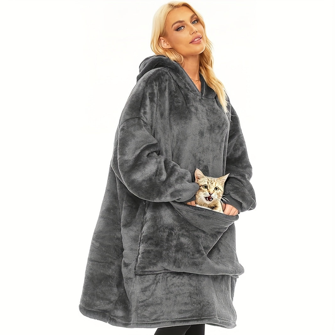 Stay warm and cozy with our Ultra-Soft Black Flannel Hooded Blanket featuring a large pocket. This reversible design is perfect for both indoor and outdoor use, making it ideal for activities such as watching TV, browsing phones, snuggling with pets, and