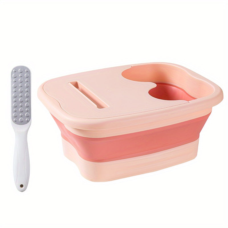 Portable folding foot soak bath tub with lid for deep immersion foot massage. Durable home spa accessory with unscented basin and non-electric manual massage surface. Includes foot file and