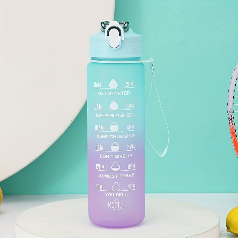 Gradient design sports water bottle with leakproof, portable, and large capacity, ideal for outdoor activities and daily use. Comes in transparent and gradient variations.