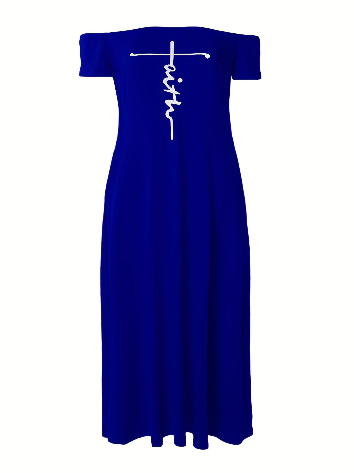 Off-shoulder maxi dress with pockets for plus-size women, featuring a cross letter print.