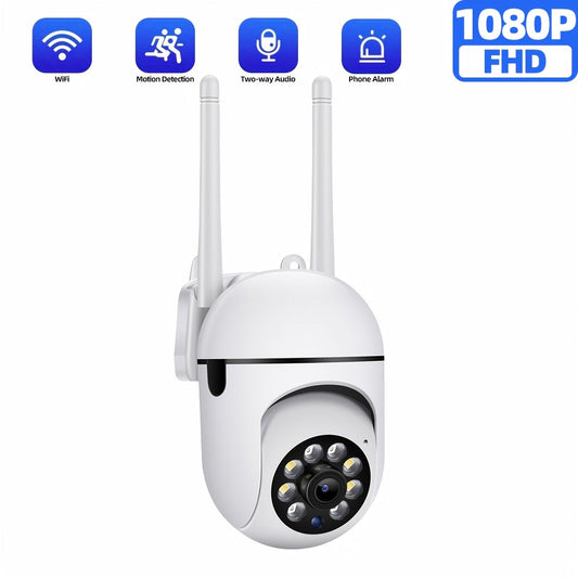 The 1080P HD Full-Color Night Vision Indoor/Outdoor Security Camera features Dual-Way Audio, PTZ Control, and Motion Tracking. It is equipped with 2.4G Wi-Fi for smart home and pet monitoring, and can be powered via USB. This camera is compatible with