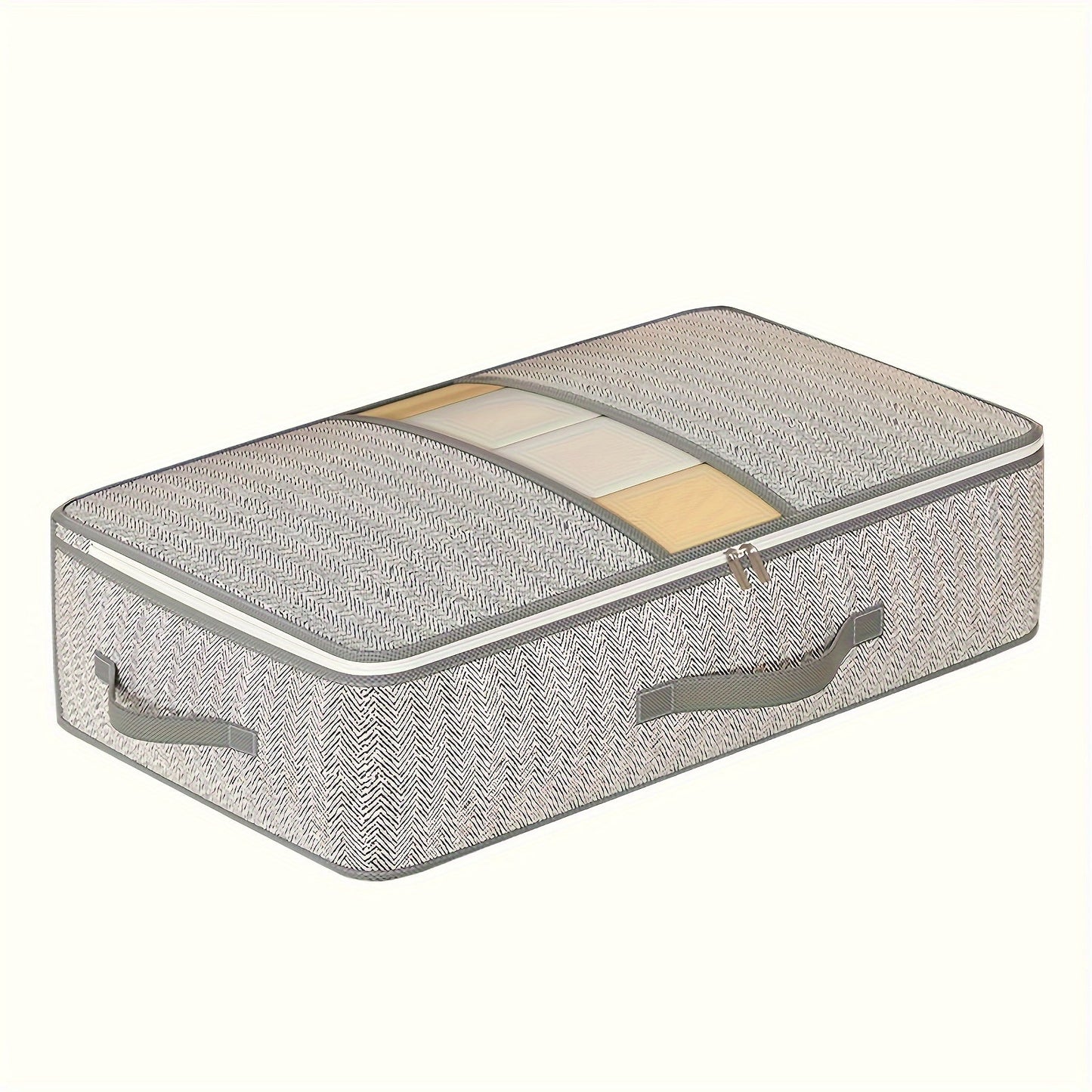 This multifunctional foldable non-woven storage bag in gray arrow design has a large capacity and upgraded large opening visible window. It can be used to store clothes, quilts, and other home supplies. It is suitable for placing in wardrobes, under