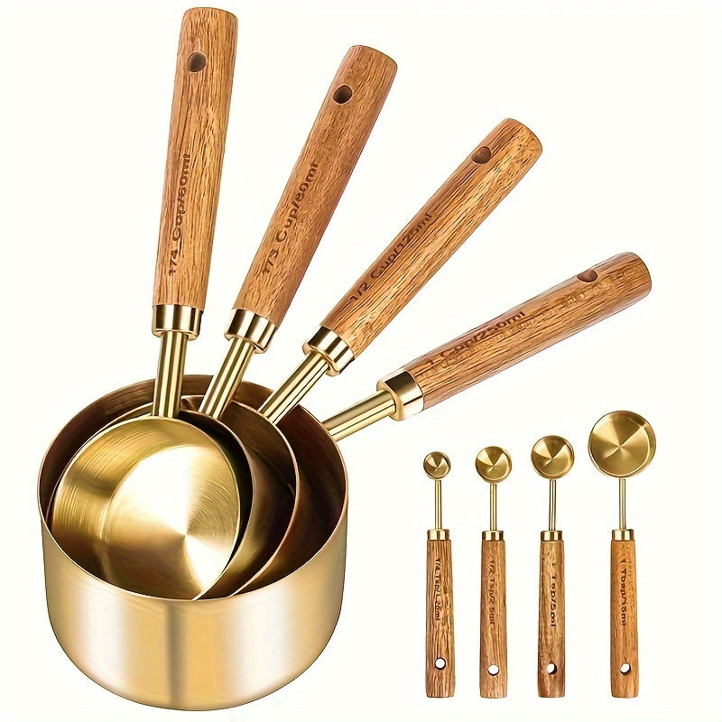 Set of 4 measuring cups and 4 measuring spoons, with both metric and US measurements. Features wood handles, high-quality stainless steel construction, golden polished surface. Ideal for measuring dry and liquid ingredients while cooking and baking.