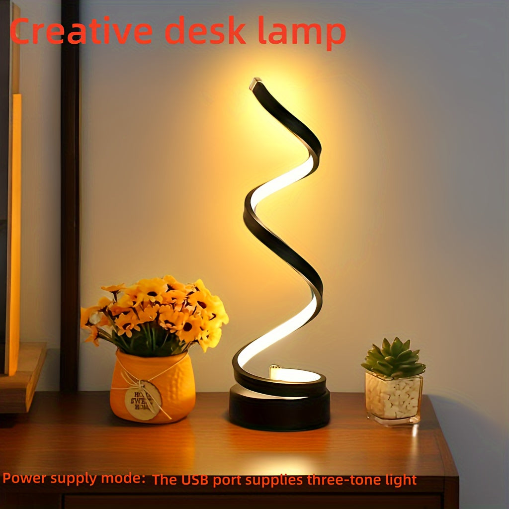 Modern spiral table lamp with adjustable lighting, USB power, ideal for bedroom, study, living room, or gifting.