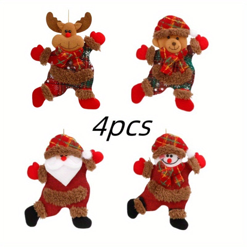 Set of 4 Christmas Plush Toy Ornaments: Santa, Snowman, Reindeer, and Bear. Made from polyester and suitable for hanging decorations. Power-free and suitable for ages 14+. Perfect for holiday, Thanksgiving, and New Year celebrations at home or in the