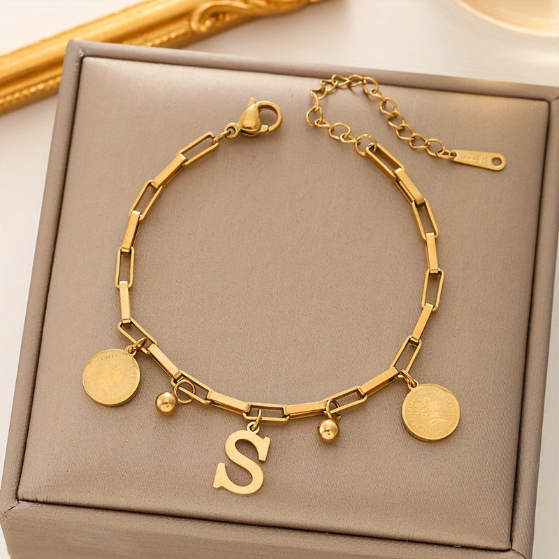 Golden-toned stainless steel bracelet for women, hip-hop inspired with "S" letter and round charms, 18K golden plated - perfect gift for girls