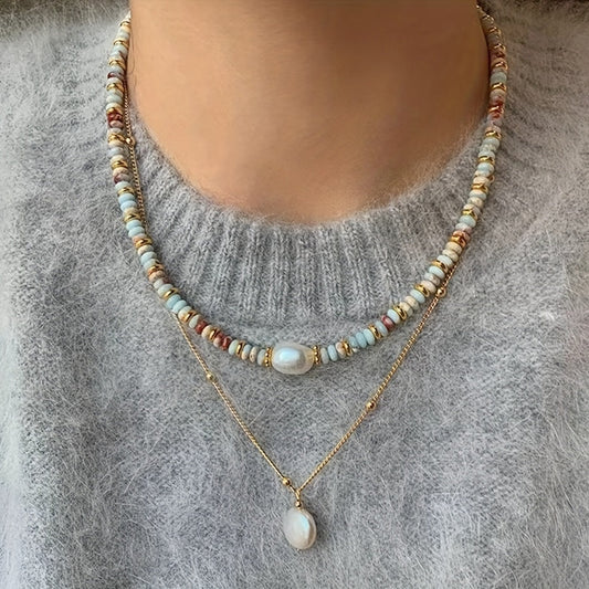 Vintage French Style Clavicle Chain Necklace adorned with Freshwater Pearl and Natural Gemstone Pendant - An Elegant Accessory for Women's Daily Wear and Parties