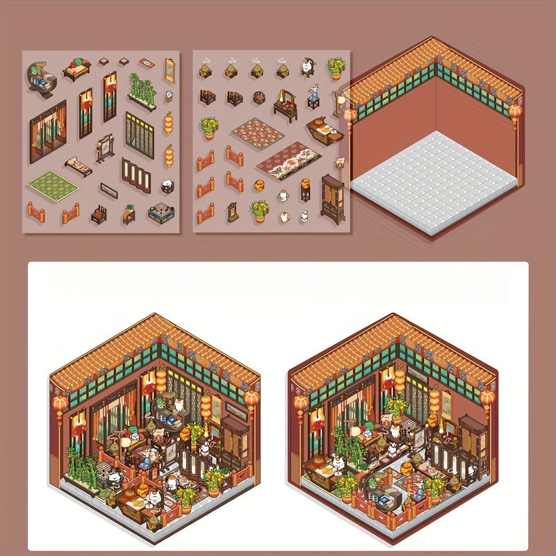 3D storage landscape stickers for miniature scenes, small house stickers for journaling, DIY stress relief without cutting.