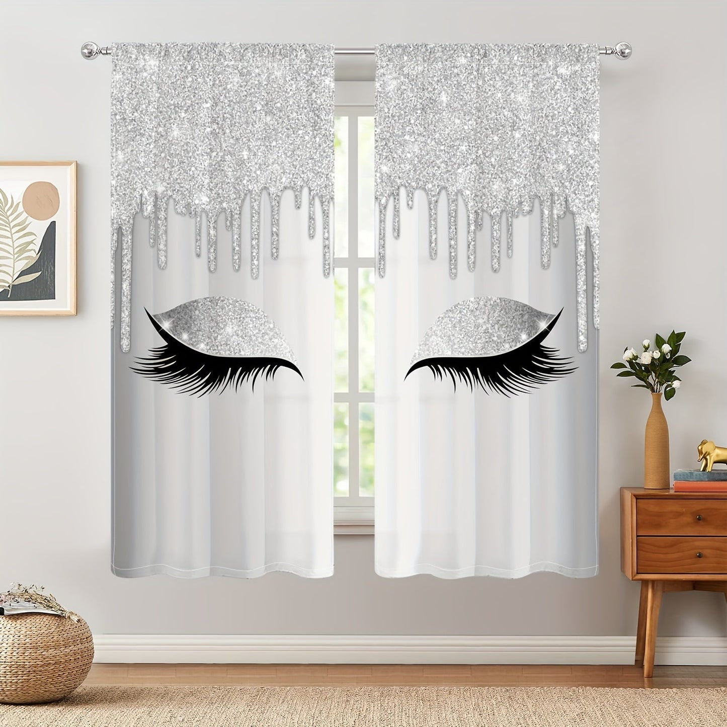 Set of two Eyelash Printed Curtains, Rod Pocket Window Treatments ideal for Bedroom, Office, Kitchen, Living Room, Study, and Home Decor. Enhance your room with stylish and aesthetic decorative curtains.