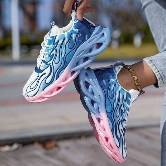 Versatile all-season lightweight running shoes in blue and pink ombre with breathable fabric and lace-up closure.